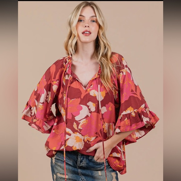 Boho Floral Print Split Mock Neck Blouse - Picture 3 of 5